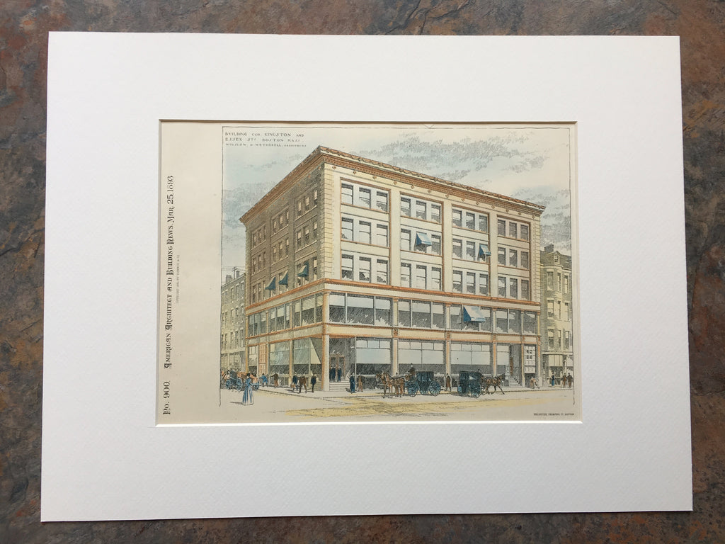 Building on Kingston & Essex Sts, Boston, MA, 1893, Original Hand Colored -
