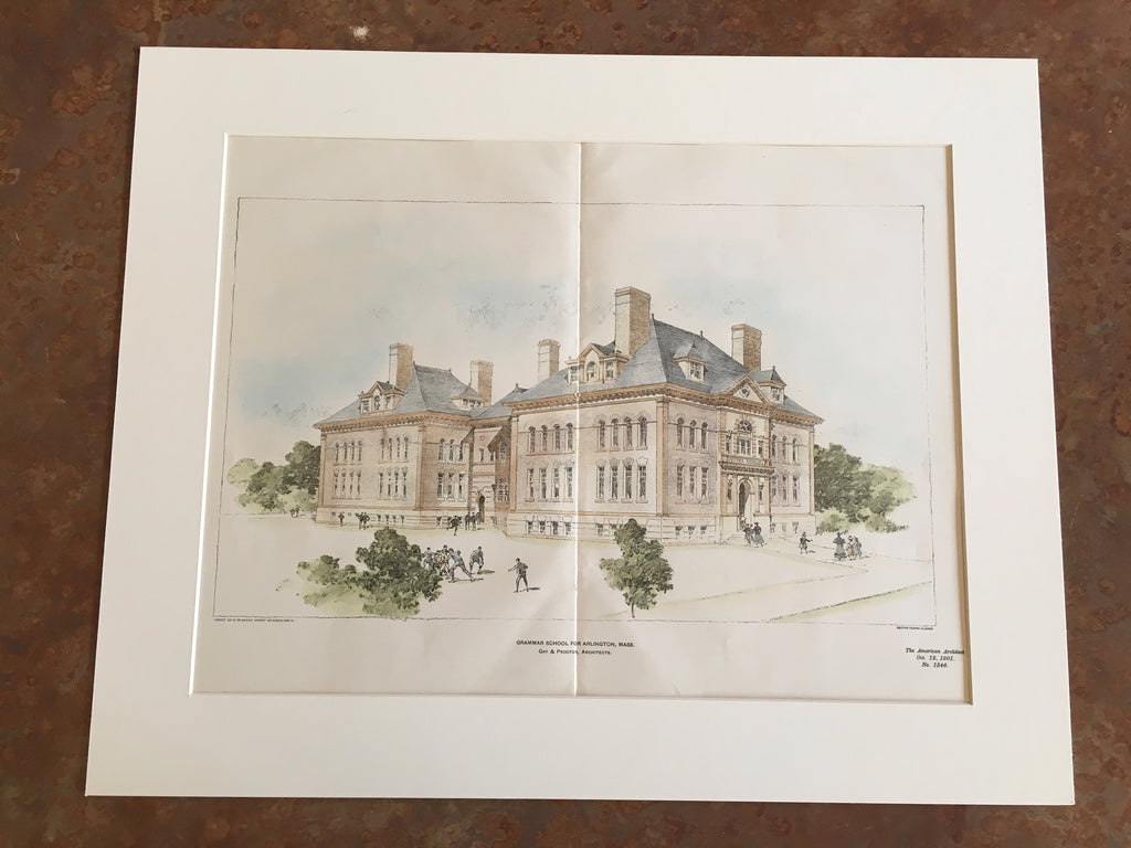 Grammar School, Arlington, MA, 1901, Gay & Proctor, Original Hand Colored -