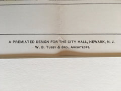 City Hall, Newark, NJ, 1901, W B Tubby, Architect, Original Hand Colored -