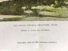 All Souls Church, Braintree, MA, 1905. Original Hand Colored