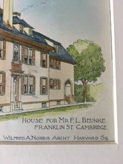 House for F L Beunke, Franklin St, Cambridge, MA, 1895, Original Hand Colored