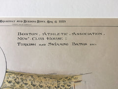 Boston Athletic Association Club House, Boston, MA, 1889, Original Hand Colored