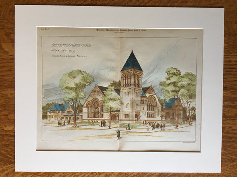 New Baptist Church, Malden, MA, 1889, Original Hand Colored
