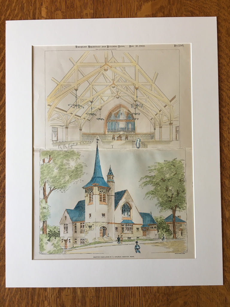 Boston Highlands M E Church, Boston, MA, 1900, Original Hand Colored