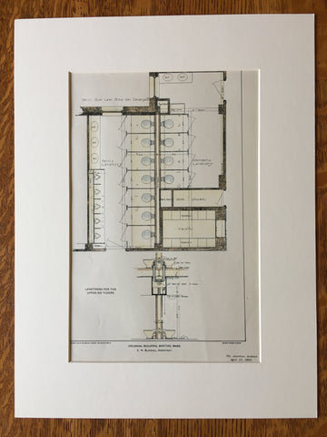 Colonial Building, Lavatory Plan, Boston, MA, 1901, Original Hand Colored -