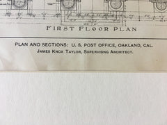 Post Office, Plans & Sections, Oakland, CA, 1901, Hand Colored Original -