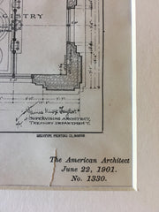Post Office, Plans & Sections, Oakland, CA, 1901, Hand Colored Original -