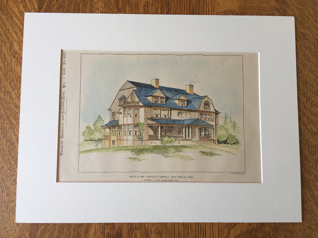House, Charles Campbell, West Newton, MA, 1896, Eugene Clark, Hand Colored Original
