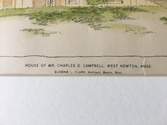 House, Charles Campbell, West Newton, MA, 1896, Eugene Clark, Hand Colored Original