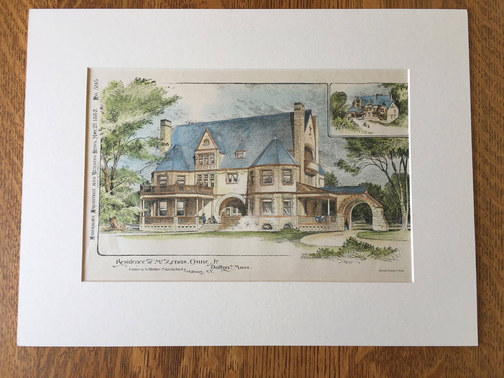 Residence, Zenas Crane, Dalton, MA, 1887, Fuller & Wheeler, Original Hand Colored