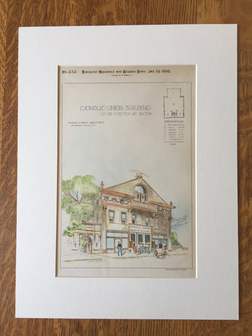 Catholic Union Building, Milton, MA, 1892, Patrick Tracy, Original Hand Colored