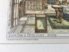 Dining Room, Hotel Cluny, Boston, MA, 1878, Original Hand Colored