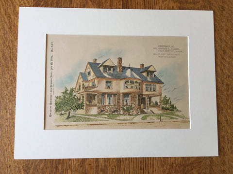 House of Eugene Clark, West Newton, MA 1892. E L Clark, Original Hand Colored