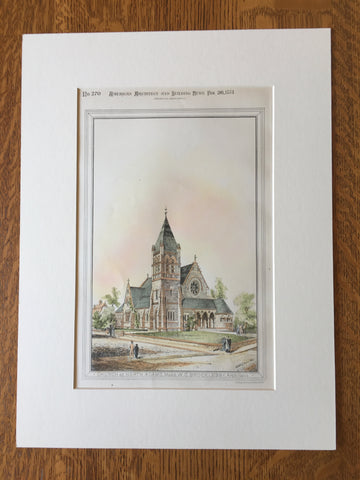 Church, North Adams, MA, 1881, W C Brocklesby, Original Hand Colored