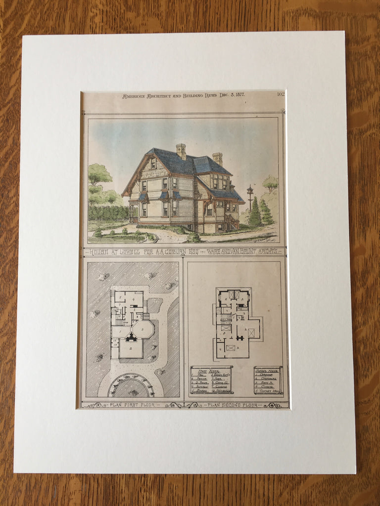House for A A Coburn, Lowell, MA. 1877. Ware & Van Brunt, Original Hand Colored