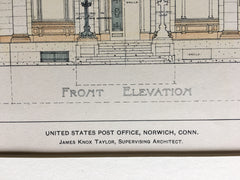 US Post Office, Norwich, CT, 1903, James Knox Taylor, Original Hand Colored -