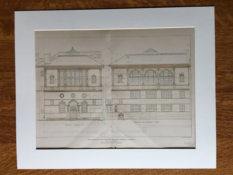 Elevations, North End Bath House, Boston, MA, 1902, Hand Colored Original -