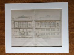 Elevations, North End Bath House, Boston, MA, 1902, Hand Colored Original -
