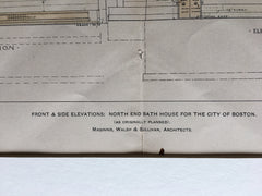 Elevations, North End Bath House, Boston, MA, 1902, Hand Colored Original -