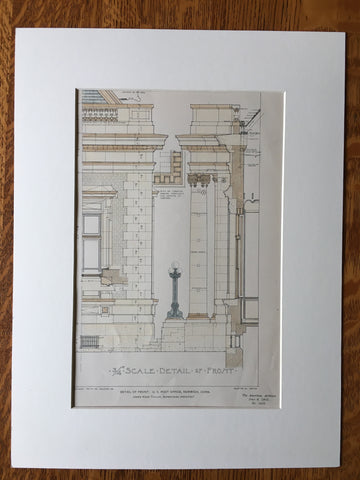 Post Office, Front Detail, Norwich, CT, 1903, J K Taylor, Original Hand Colored -