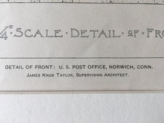 Post Office, Front Detail, Norwich, CT, 1903, J K Taylor, Original Hand Colored -