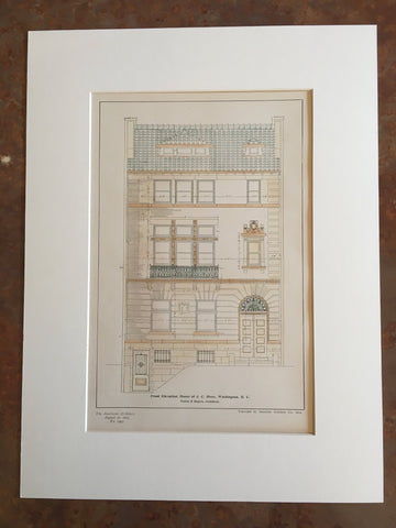 J C Hooe House, Washington DC, 1904, Totten & Rogers, Original Hand Colored -