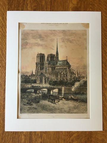 Notre Dame Cathedral, Paris, France, 1877, Original Hand Colored -