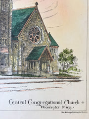 Central Congregational Church, Worcester, MA, 1886, Original Hand Colored