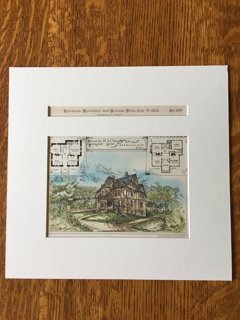 H S Chase House, Brookline, MA, 1883, E A P Newcomb, Original, Hand Colored -