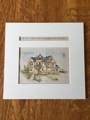 House for K F Crocker, Fitchburg, MA, 1889, G Kirkham, Original Hand Colored -