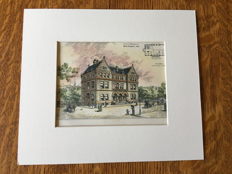 Court House & Post Office, Albany, IN, 1886, M E Bell, Original Hand Colored -