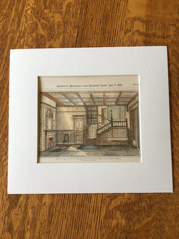 Main Hall, H R Towne House, Stamford, CT, 1879, H H Holly, Original Hand Colored -
