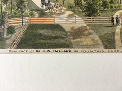 Dr C W Ballard House, Fountain Lake, Albert Lea, MN, 1874, Original Hand Colored -
