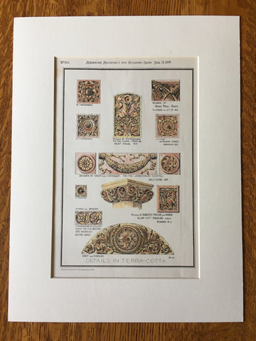 Terra Cotta Details of Johns Hopkins Hospital, Boston Art Museum, 1879, Original Hand Colored -