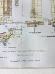 Entrance, West St Building, New York, 1907, Cass Gilbert, Hand Colored Original -