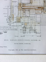 Maryland Institute Building, Baltimore, MD, Details, 1907, Original Hand Colored -