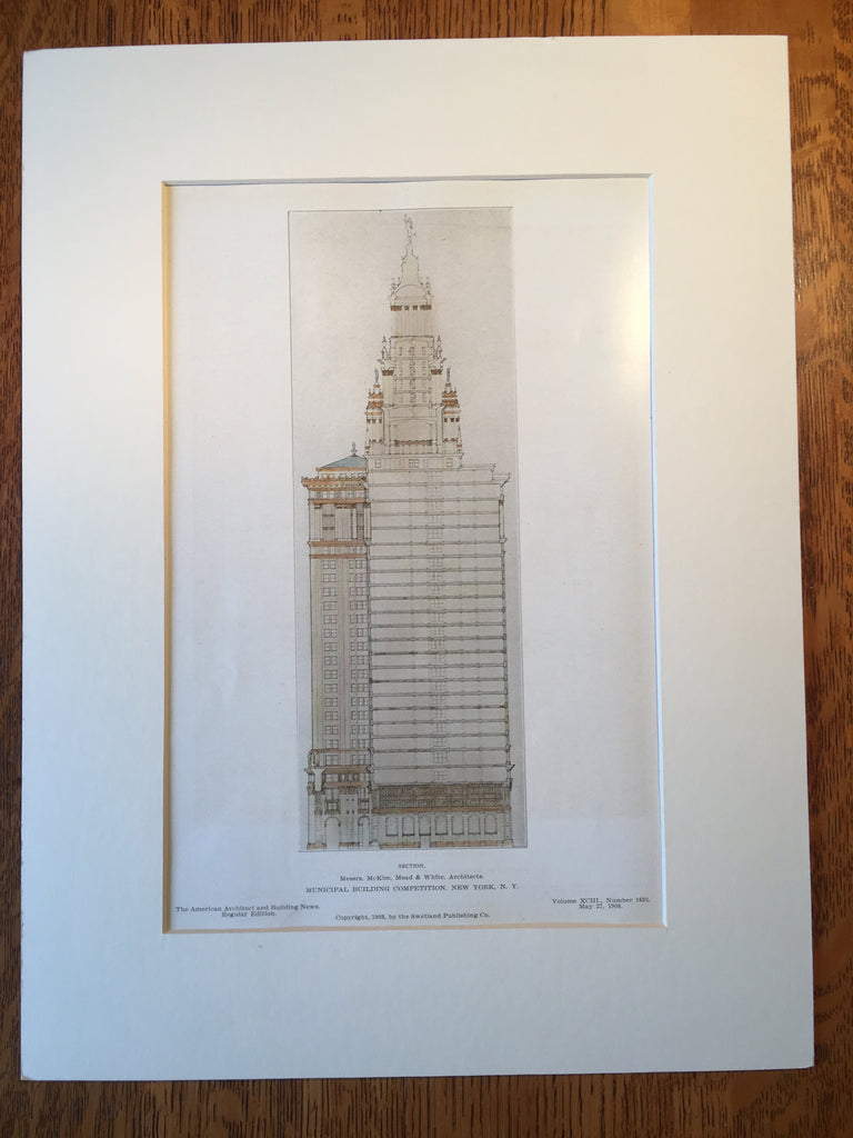 Municipal Building, New York, 1908, McKim Mead & White, Original Hand Colored -