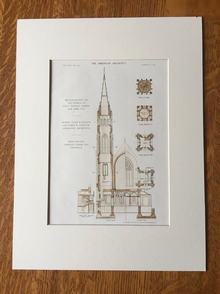 Church of St Vincent Ferrer, Tower Details, NY, 1909, Original Hand Colored -