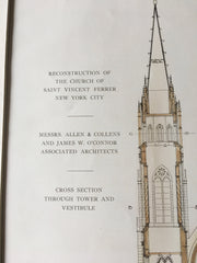 Church of St Vincent Ferrer, Tower Details, NY, 1909, Original Hand Colored -