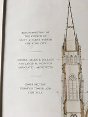Church of St Vincent Ferrer, Tower Details, NY, 1909, Original Hand Colored -