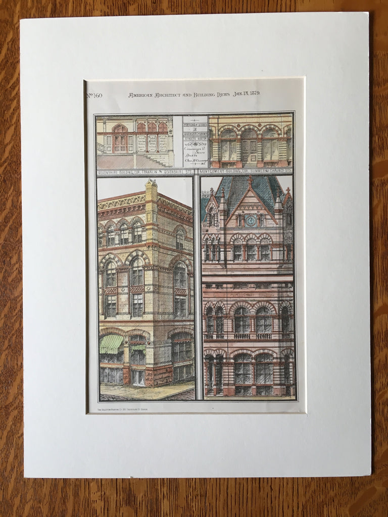 Devonshire & Montgomery Buildings, Boston, MA, 1879, Original Hand Colored -