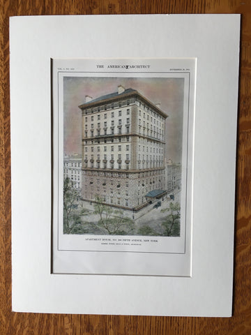 Apartment House, No. 998 5th Avenue, New York, 1911, Original Hand Colored -