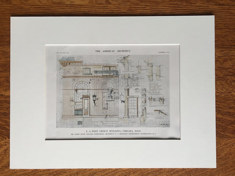 US Post Office, Chelsea, MA, 1912, James Knox Taylor, Original Hand Colored -