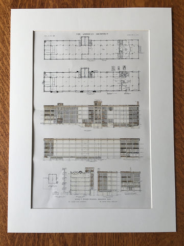 Alvon T Fuller Building, Brighton, MA, 1912, Albert Kahn, Original Hand Colored -
