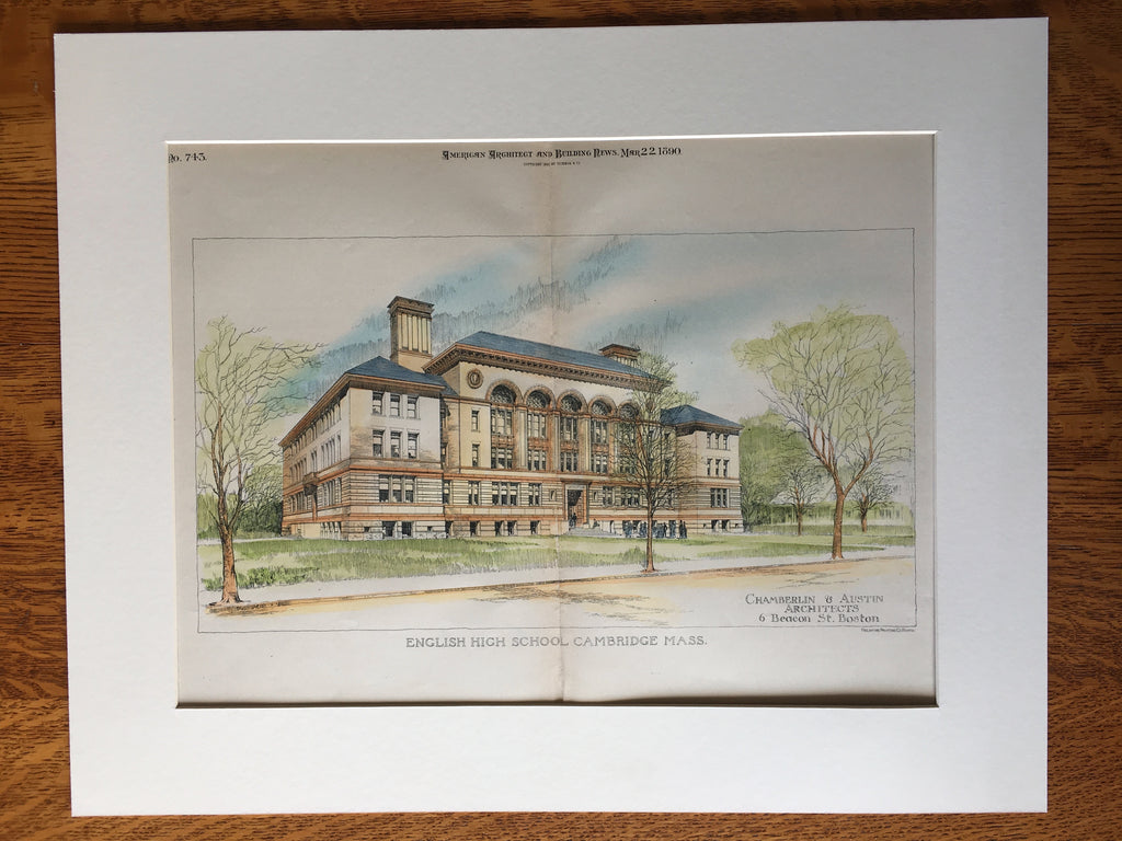 English High School, Cambridge, MA, 1890, Chamberlin & Austin, Original Hand Colored