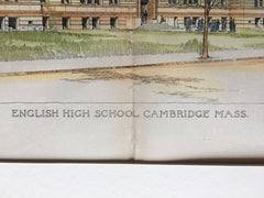 English High School, Cambridge, MA, 1890, Chamberlin & Austin, Original Hand Colored