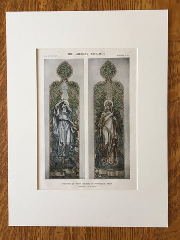 Windows in First Church of Pittsfield, MA, 1912, C M Burd, Original Hand Colored -