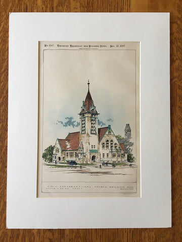 First Congregational Church, Brockton, MA, 1897, W Paine, Original Hand Colored -