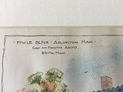 Fowle Block, Arlington, MA, 1897, Gay & Proctor, Original Hand Colored -