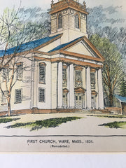 First Church, Ware and Northampton, MA, 1895, Original Hand Colored -